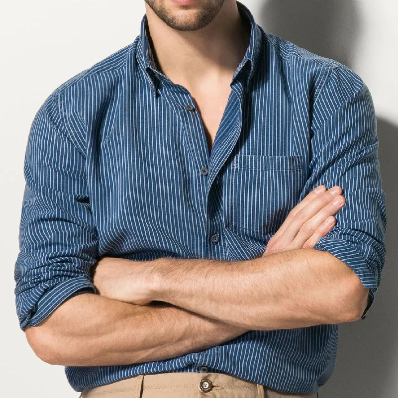 Men's Classic Casual Lapel Striped Cotton and Linen Long Sleeve Shirt 67466830F sold by Manly product image thumbnail 3