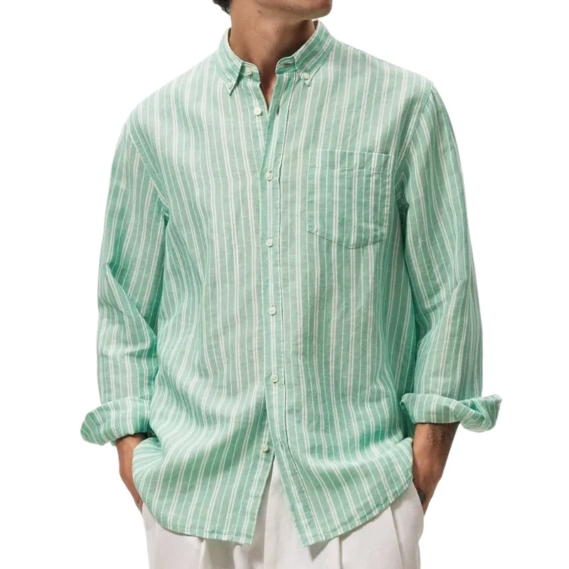 Men's Casual Trendy Lapel Striped Cotton and Linen Long-sleeved Shirt 27126856F sold by Manly