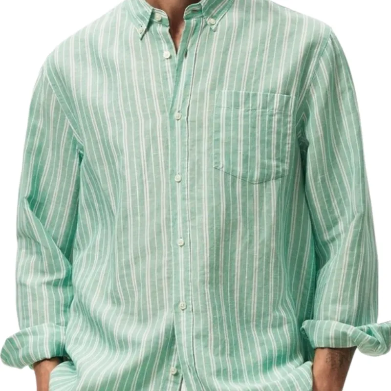 Men's Casual Trendy Lapel Striped Cotton and Linen Long-sleeved Shirt 27126856F sold by Manly product image thumbnail 2