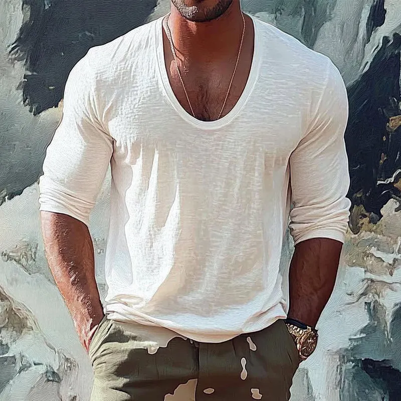 Men's Cotton and Linen Round Neck Long Sleeve T-shirt 99601089X sold by Manly product image thumbnail 3