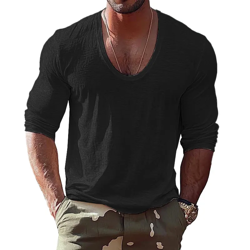 Men's Cotton and Linen Round Neck Long Sleeve T-shirt 99601089X sold by Manly