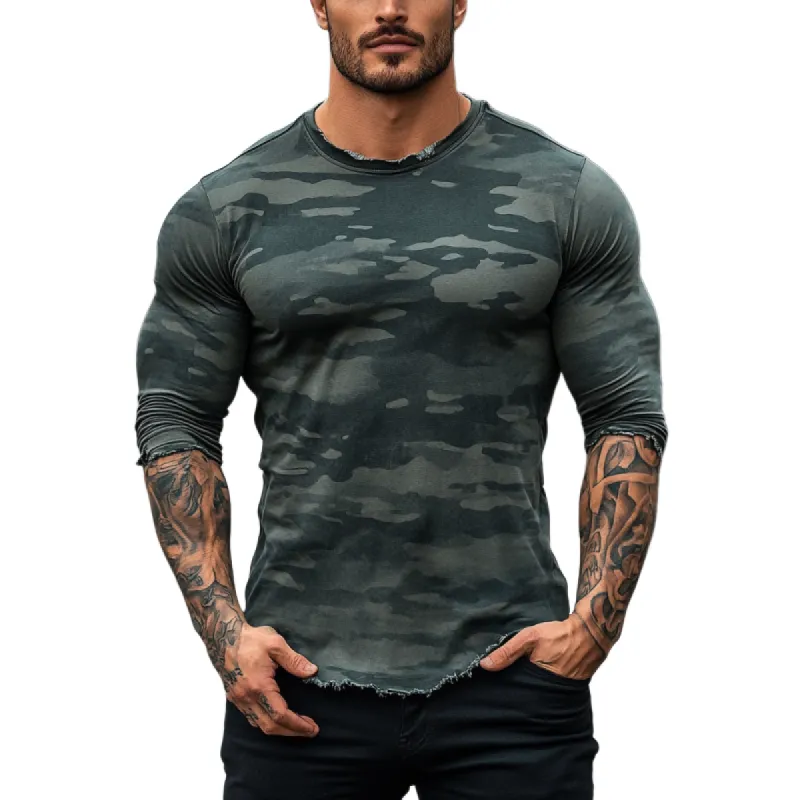 Men's Fashion Camouflage Print Crew Neck Raw Edge Slim Fit Long Sleeve T-Shirt 18930453Y sold by Manly
