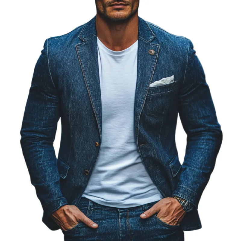 Men's Fashion Single-Breasted Lapel Denim Blazer 54839617Y sold by Manly