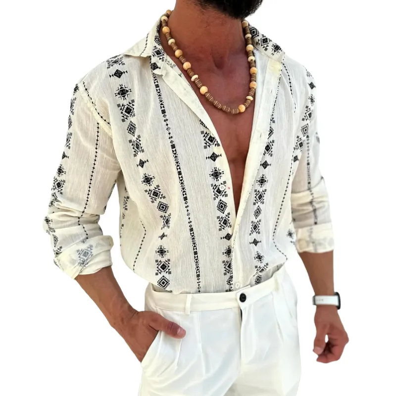Men Fashion Ethnic Pattern Print Lapel Long Sleeve Shirt 61680460Y sold by Manly