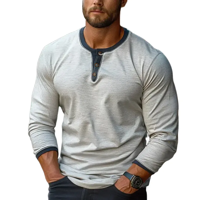 Men's Casual Colorblock Henley Collar Long-Sleeved T-Shirt 98182463Y sold by Manly