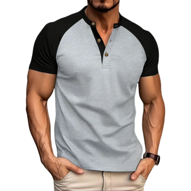 Men's Casual Colorblock Waffle Henley Collar Raglan Short Sleeves T-shirt 67566329Y sold by Manly
