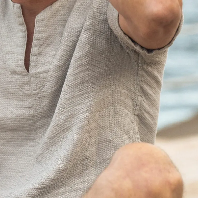 Men's Solid Color Cotton and Linen Round Neck Short-sleeved Shirt 74317191X sold by Manly product image thumbnail 3