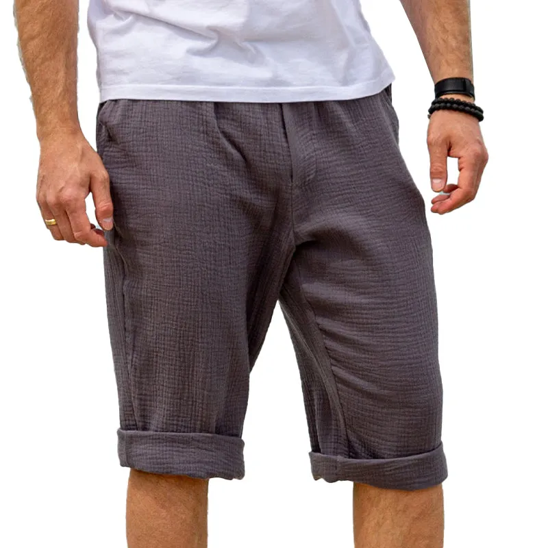 Men's Solid Color Cotton and Linen Elastic Shorts 85741056X sold by Manly