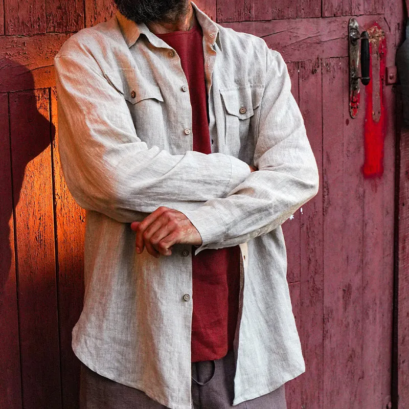 Men's Solid Color Cotton and Linen Long-sleeved Lapel Shirt 22491288X sold by Manly product image thumbnail 3