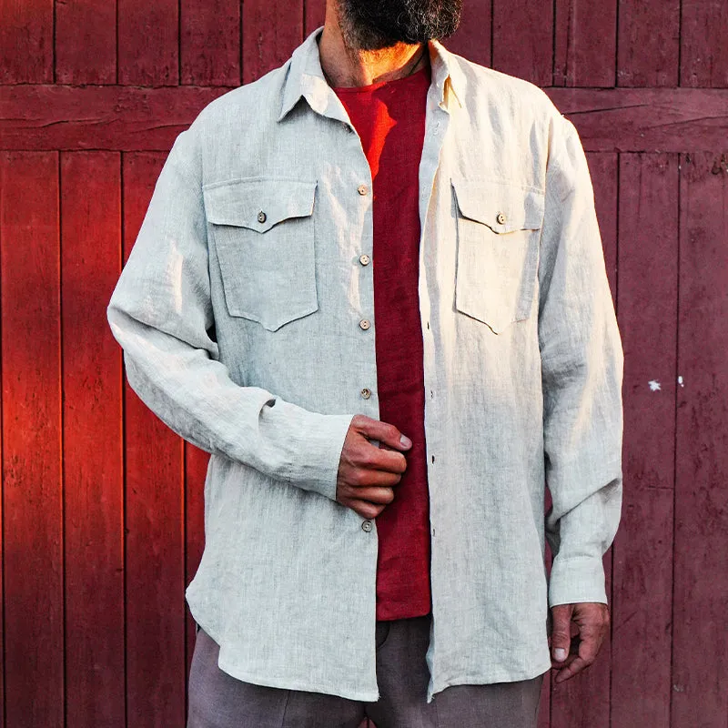 Men's Solid Color Cotton and Linen Long-sleeved Lapel Shirt 22491288X sold by Manly product image thumbnail 2