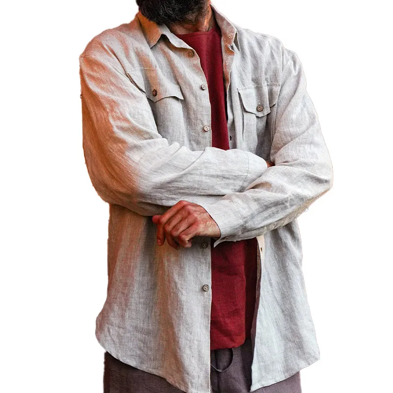 Men's Solid Color Cotton and Linen Long-sleeved Lapel Shirt 22491288X sold by Manly