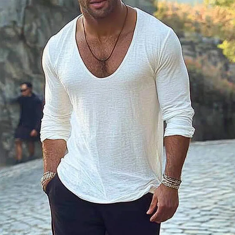 Men's Cotton and Linen Round Neck Long Sleeve T-shirt 35911685X sold by Manly product image thumbnail 2