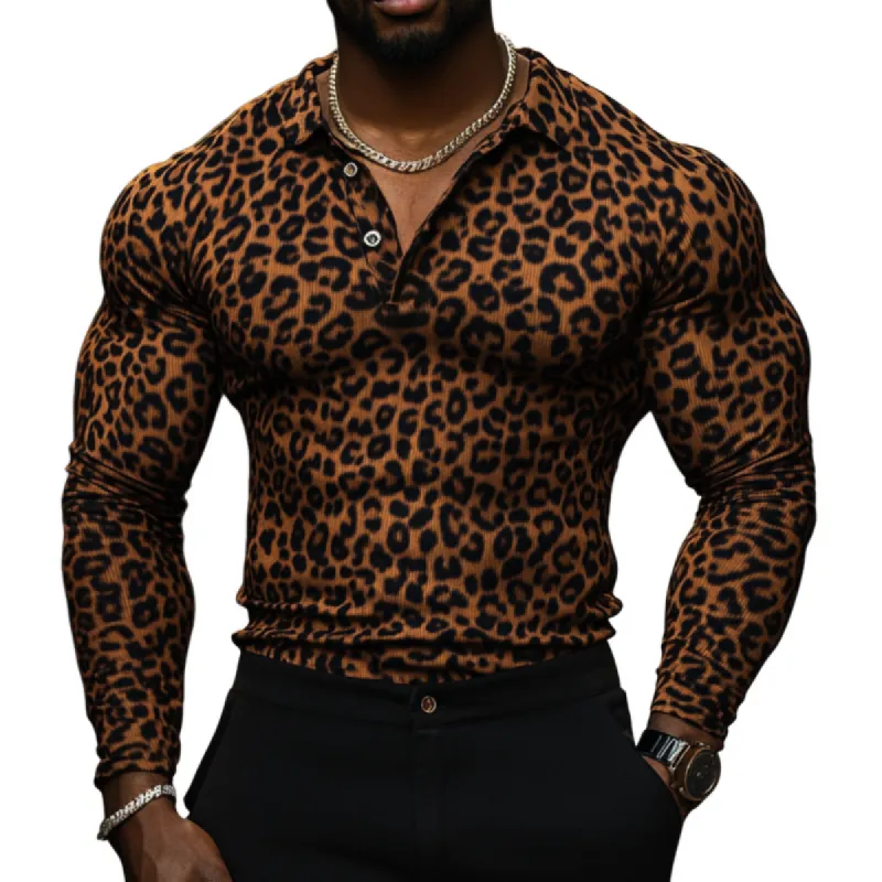 Men's Fashion Leopard Stipe Print Lapel Slim Fit Long Sleeve Polo Shirt 83822842M sold by Manly