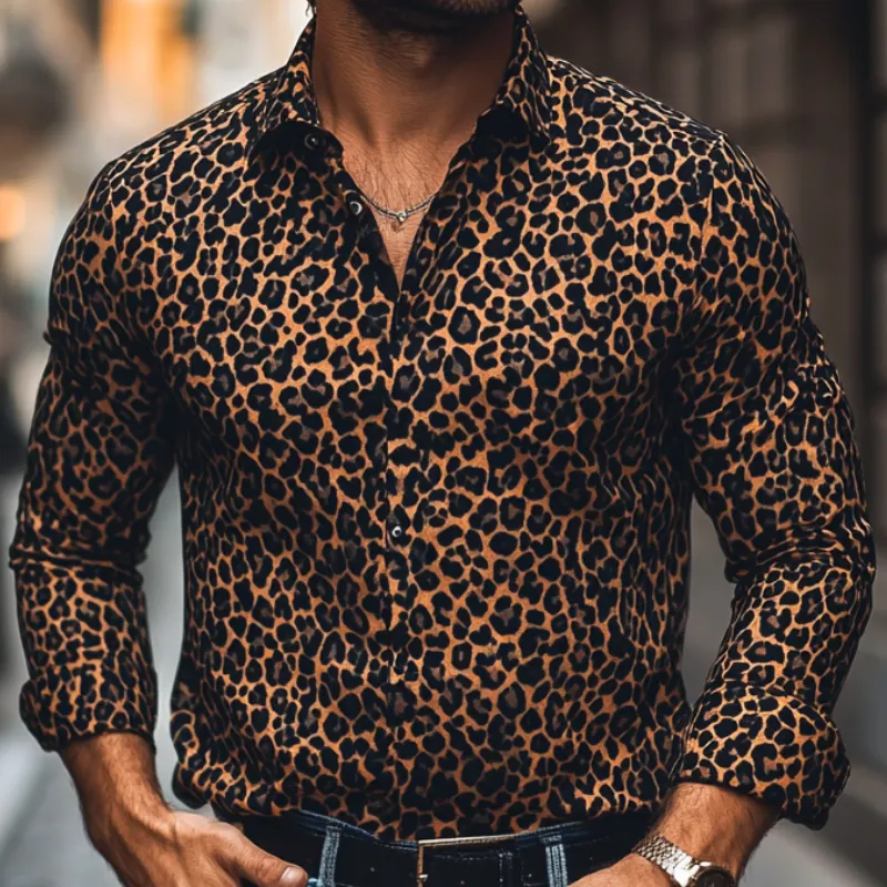 Men's Fashion Leopard Print Lapel Slim Fit Long Sleeve Shirt 45268473M sold by Manly product image thumbnail 3