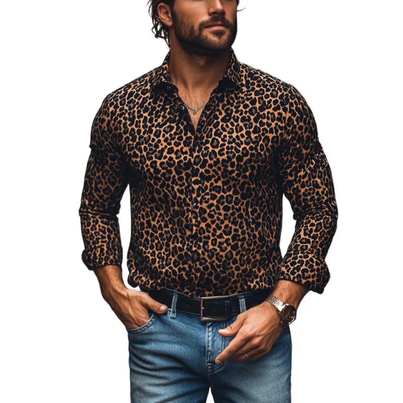 Men's Fashion Leopard Print Lapel Slim Fit Long Sleeve Shirt 45268473M sold by Manly