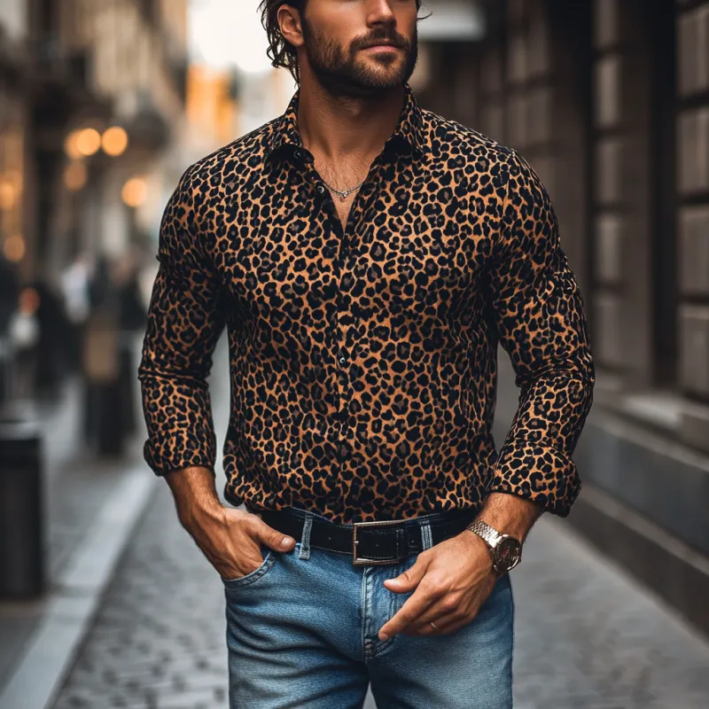 Men's Fashion Leopard Print Lapel Slim Fit Long Sleeve Shirt 45268473M sold by Manly product image thumbnail 2