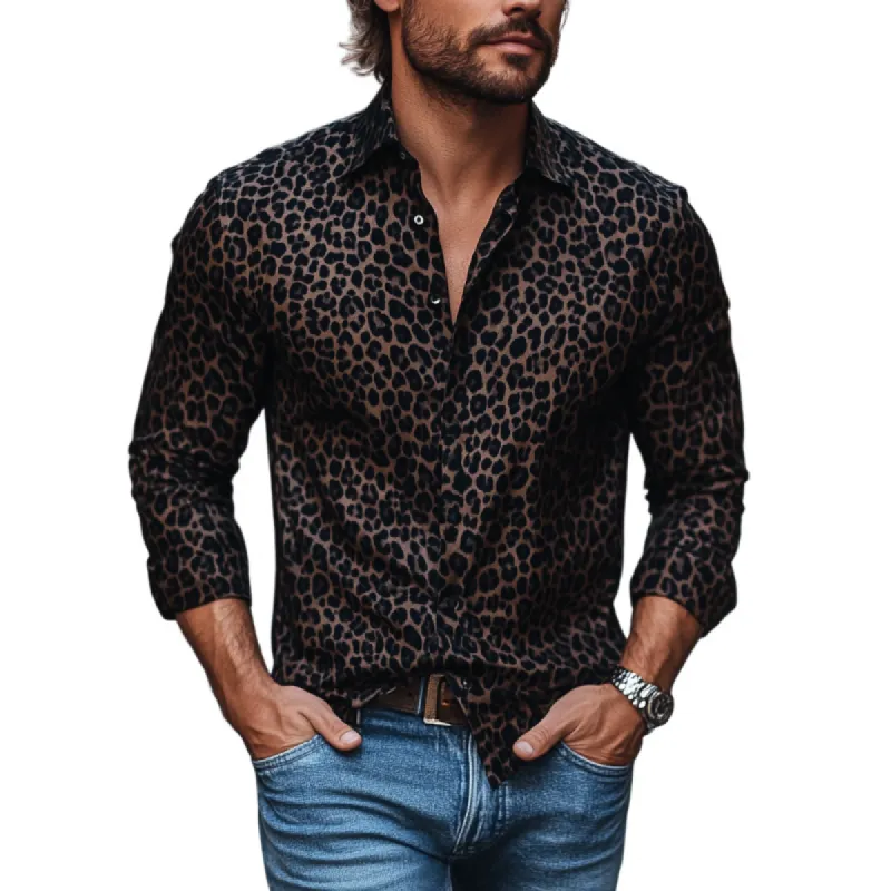 Men's Fashion Leopard Print Lapel Slim Fit Long Sleeve Shirt 21519407M sold by Manly