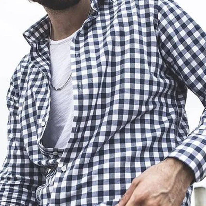 Men's Casual Loose Black and White Plaid Long-sleeved Shirt 10102262U sold by Manly product image thumbnail 3