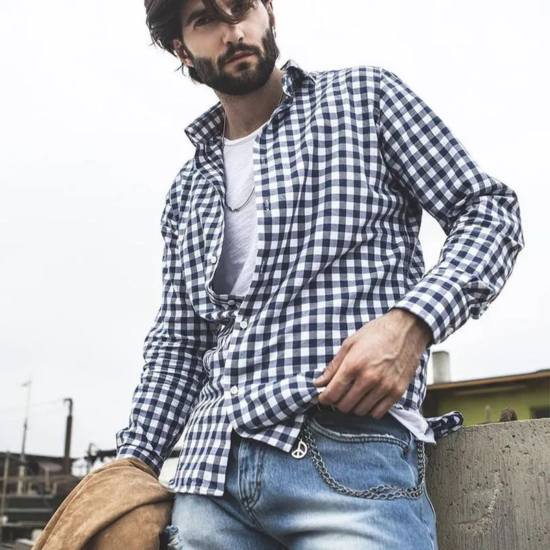 Men's Casual Loose Black and White Plaid Long-sleeved Shirt 10102262U sold by Manly product image thumbnail 2