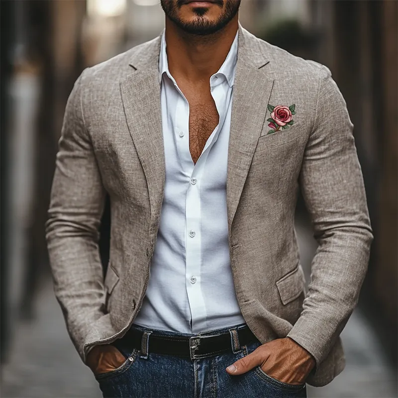 Men's Classic Casual Rose Embroidery Single Breasted Linen Blazer 56397683K sold by Manly product image thumbnail 2