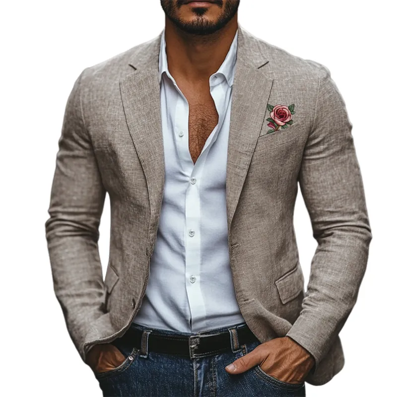 Men's Classic Casual Rose Embroidery Single Breasted Linen Blazer 56397683K sold by Manly