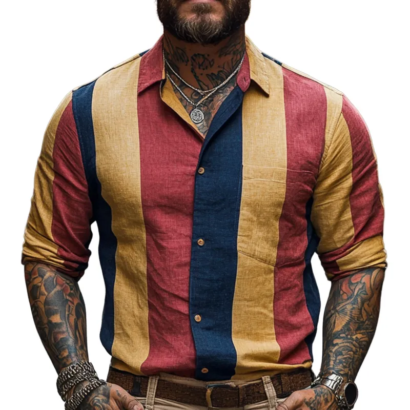 Men's Retro Simple Long Sleeve Lapel Striped Shirt 59906199F sold by Manly