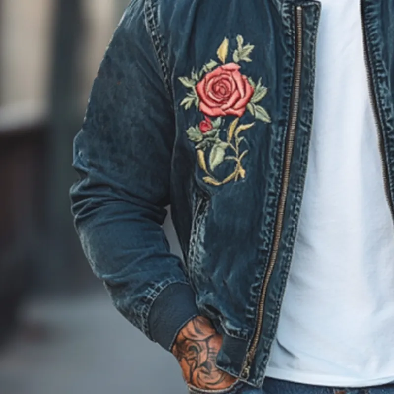 Men's Classic Casual Embroidered Denim Bomber Jacket 80642239K sold by Manly product image thumbnail 4