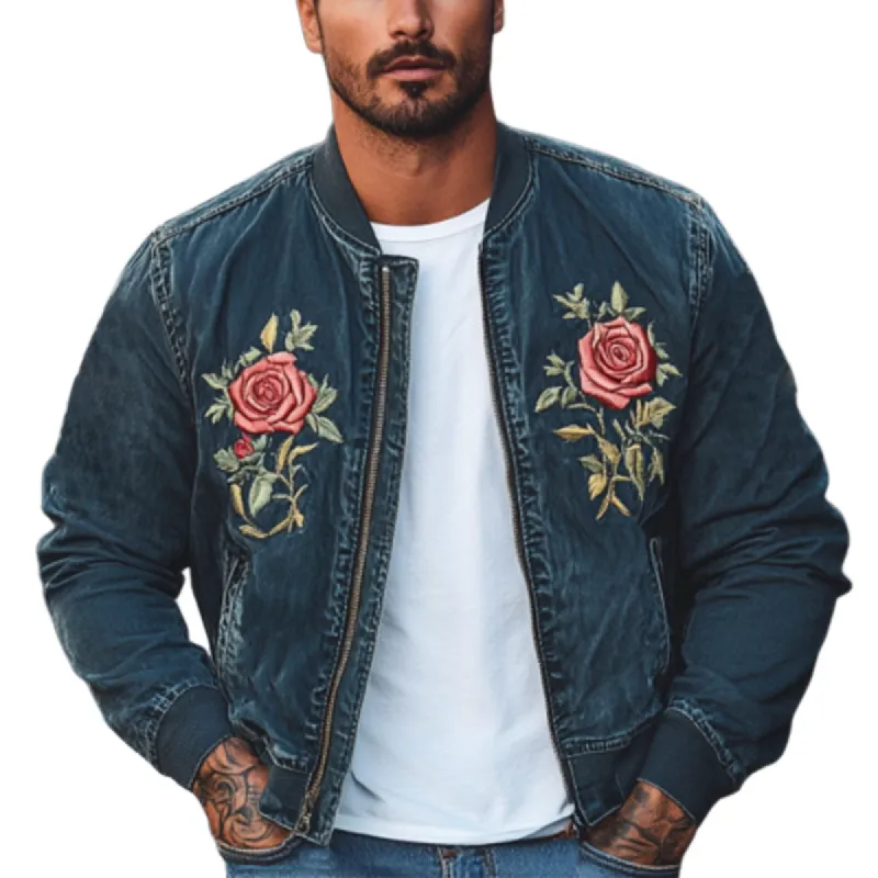 Men's Classic Casual Embroidered Denim Bomber Jacket 80642239K sold by Manly