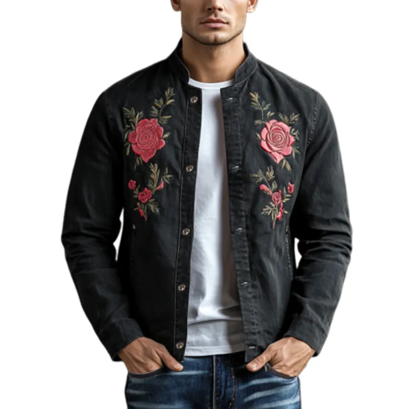 Men's Classic Casual Embroidered Denim Stand Collar Jacket 77310317K sold by Manly