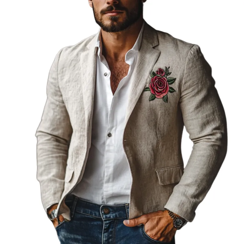 Men's Casual Rose Embroidery Single Breasted Linen Blazer 92995768K sold by Manly
