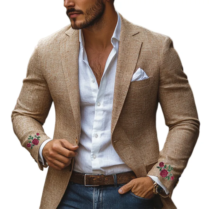 Men's Casual Cuff Rose Embroidery Single-breasted Linen Blazer 61831785K sold by Manly