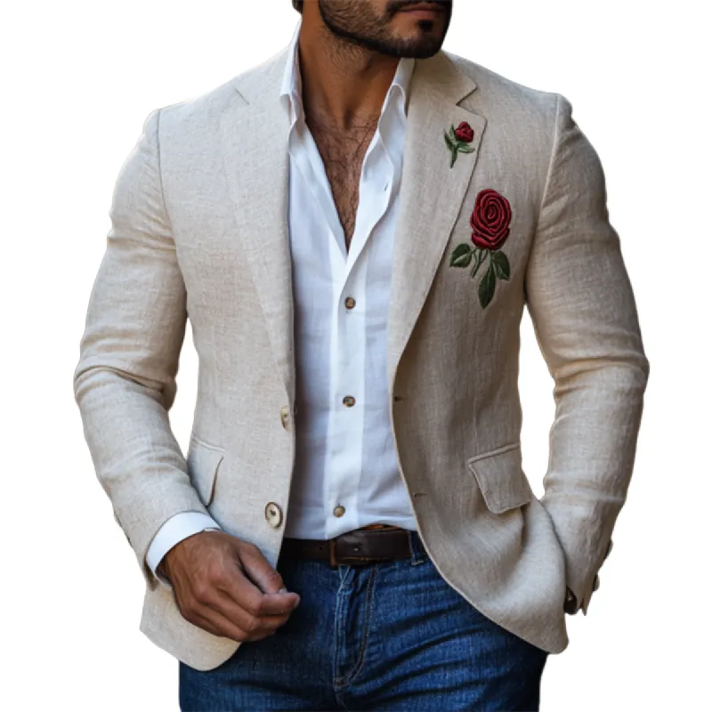 Men's Casual Slim Fit Rose Embroidered Linen Blazer 59736906K sold by Manly