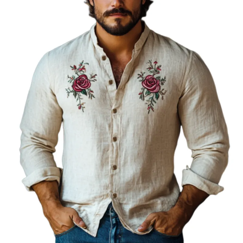 Men's Vintage Stand Collar Rose Embroidery Linen Long Sleeve Shirt 77051042K sold by Manly