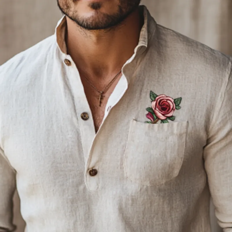 Men's Vintage Stand Collar Rose Embroidery Linen Long Sleeve Shirt 81552295K sold by Manly product image thumbnail 3