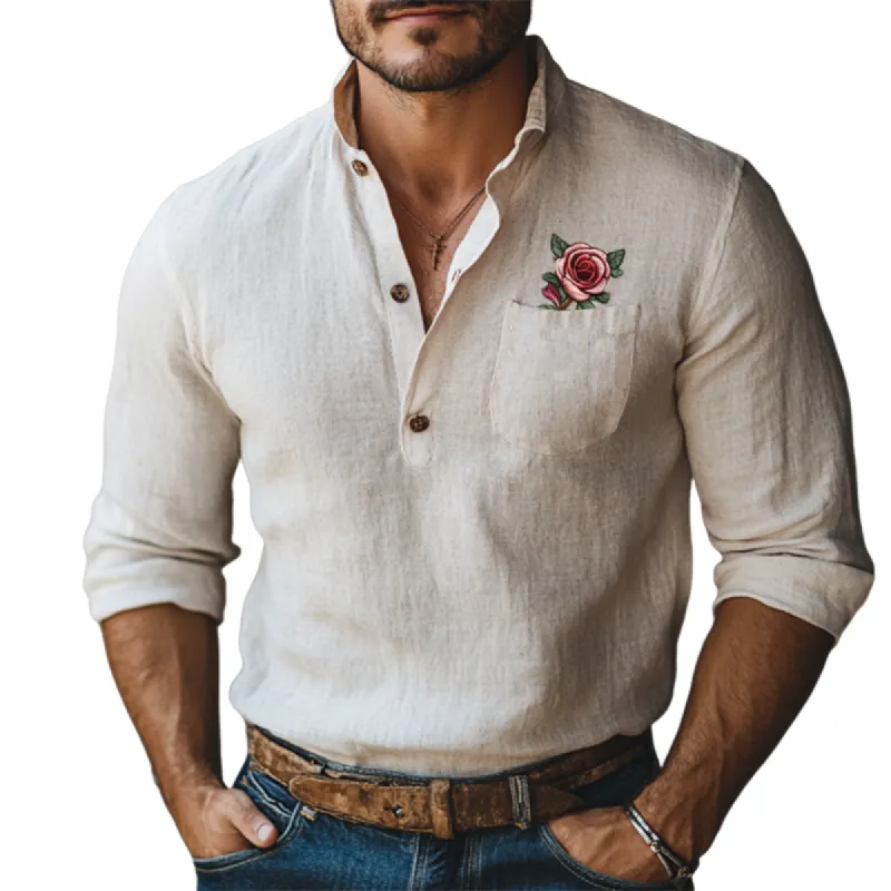 Men's Vintage Stand Collar Rose Embroidery Linen Long Sleeve Shirt 81552295K sold by Manly
