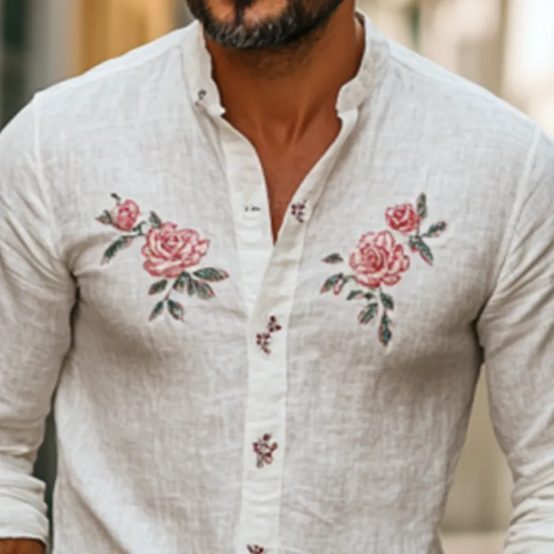 Men's Vintage Stand Collar Rose Embroidery Linen Long Sleeve Shirt 15518662K sold by Manly product image thumbnail 4