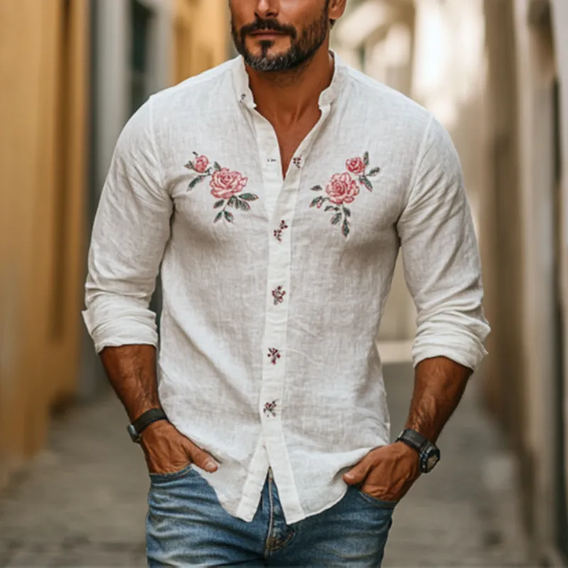 Men's Vintage Stand Collar Rose Embroidery Linen Long Sleeve Shirt 15518662K sold by Manly product image thumbnail 2