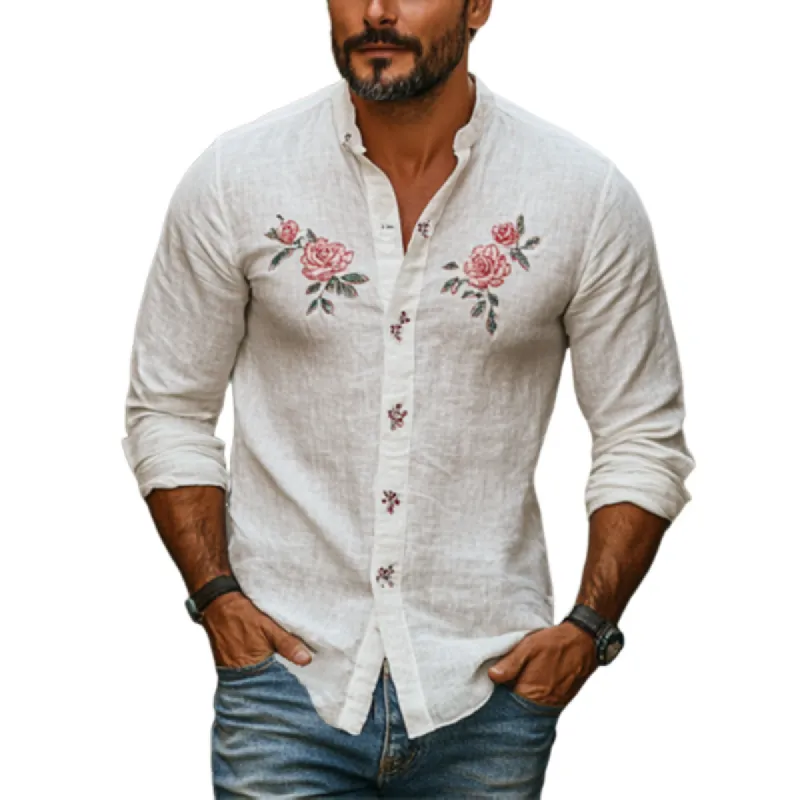 Men's Vintage Stand Collar Rose Embroidery Linen Long Sleeve Shirt 15518662K sold by Manly