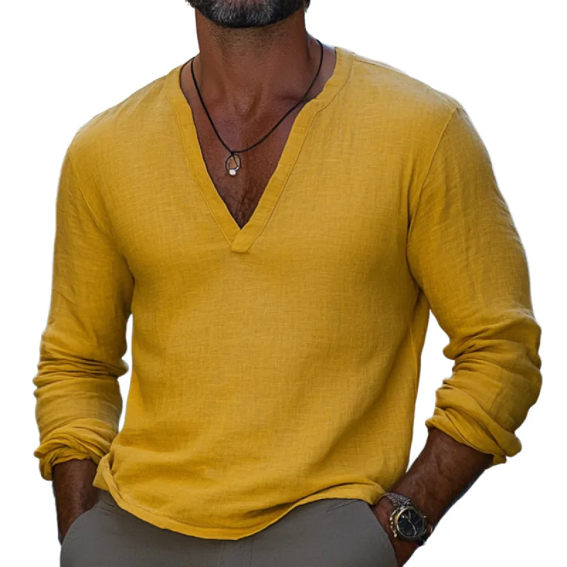 Men's Stylish and Comfortable Linen Solid Color V-neck Long-sleeved T-shirt 03930036F sold by Manly