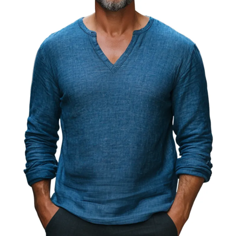 Men's Casual V-neck Solid Color Linen Long Sleeve T-shirt 38377618F sold by Manly