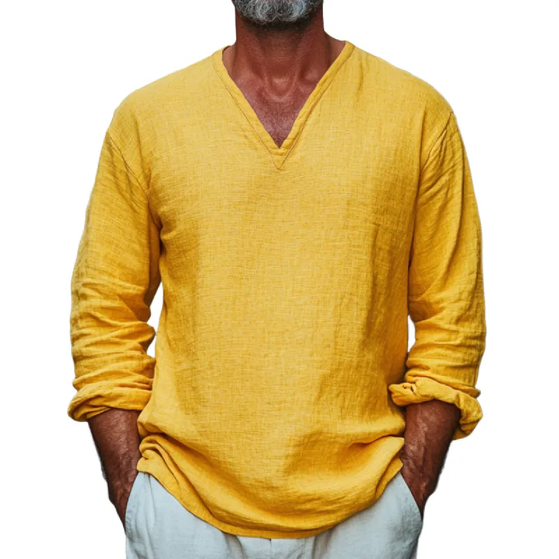 Men's Comfortable Trendy V-neck Linen Long-sleeved T-shirt 07578106F sold by Manly