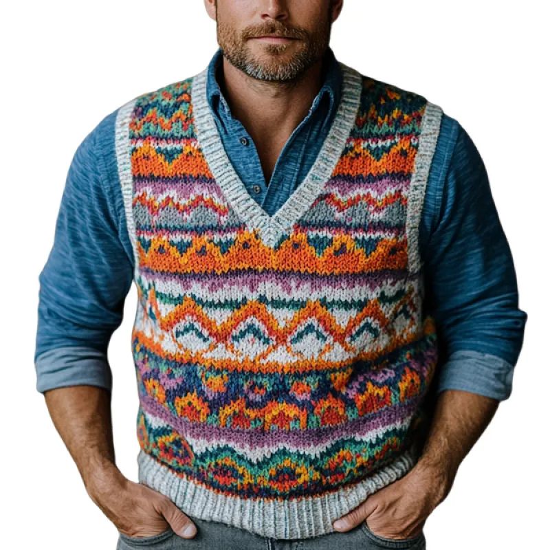 Men's Retro Geometric V-Neck Sleeveless Knit Vest 30698110Z sold by Manly