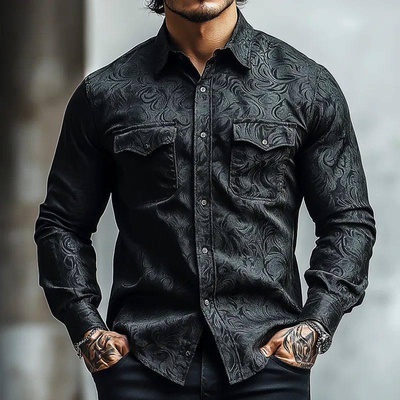 Men's Retro Dark Pattern Lapel Chest Pocket Long Sleeve Shirt 56375473Z sold by Manly product image thumbnail 2