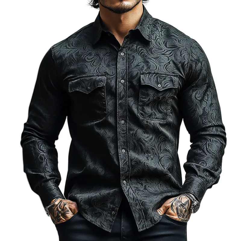 Men's Retro Dark Pattern Lapel Chest Pocket Long Sleeve Shirt 56375473Z sold by Manly