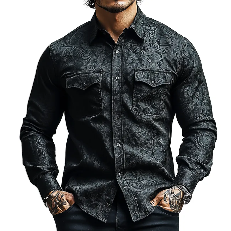 Men's Retro Dark Pattern Lapel Chest Pocket Long Sleeve Shirt 56375473Z sold by Manly