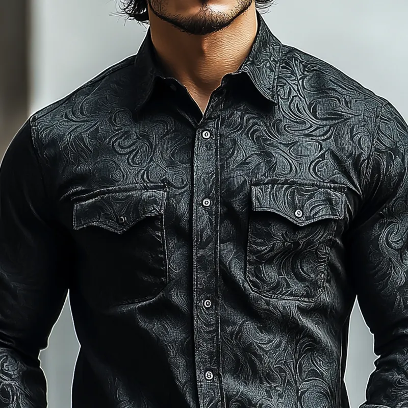 Men's Retro Dark Pattern Lapel Chest Pocket Long Sleeve Shirt 56375473Z sold by Manly product image thumbnail 3