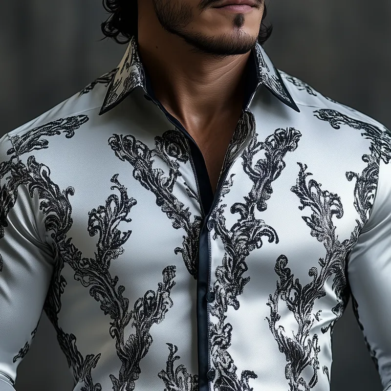 Men's Retro Graphic Print Satin Lapel Long Sleeve Shirt 53784866Z sold by Manly product image thumbnail 3