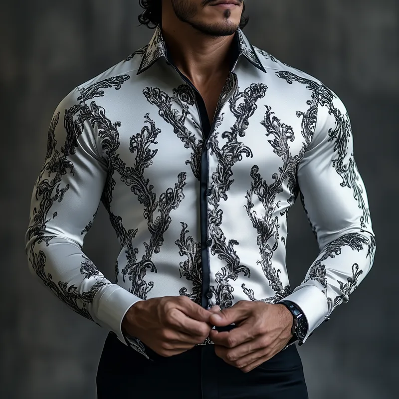 Men's Retro Graphic Print Satin Lapel Long Sleeve Shirt 53784866Z sold by Manly product image thumbnail 2