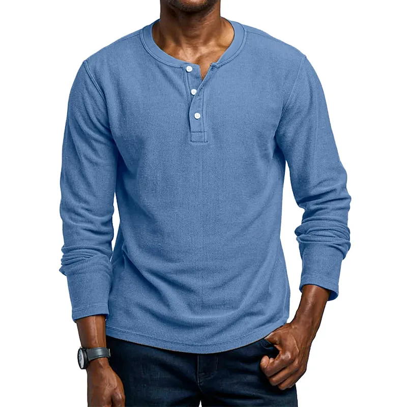 Men's Solid Color Henley Collar Long Sleeve T-shirt 21612889Z sold by Manly