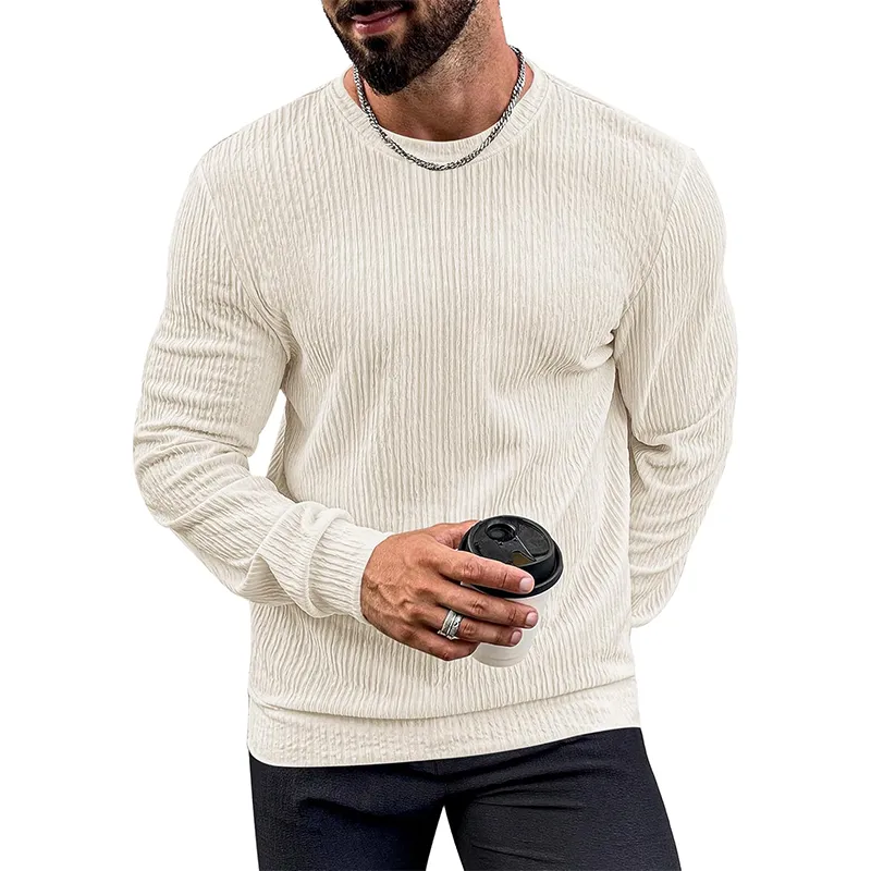 Men's Solid Color Striped Round Neck Long Sleeve T-shirt 61136631Z sold by Manly